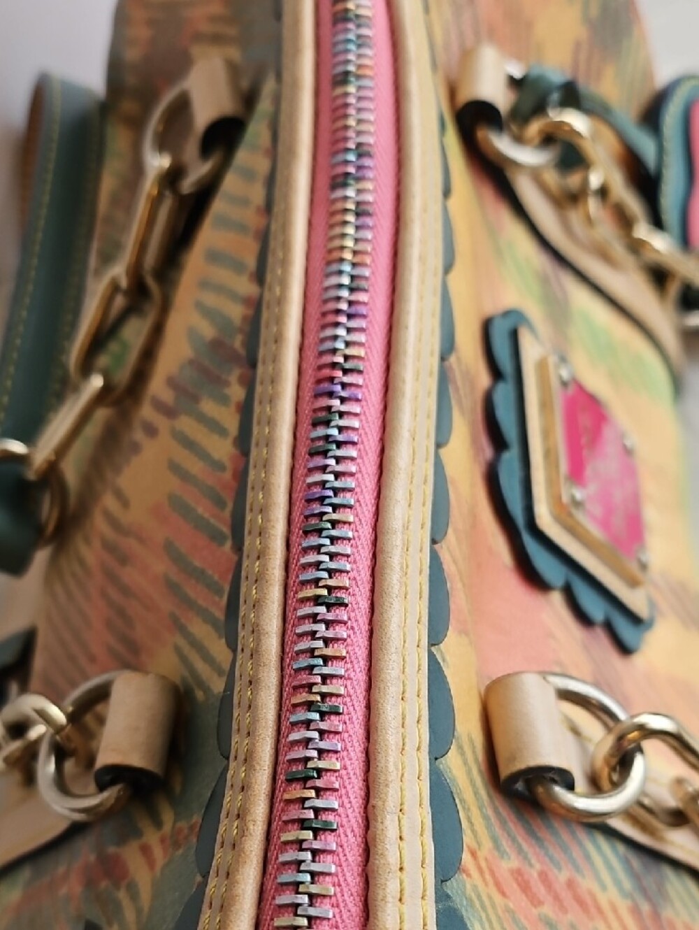 Dooney & Bourke Multicolor Plaid Satchel with Teal Trim and Pink Heart Charm - Picture 3 of 13